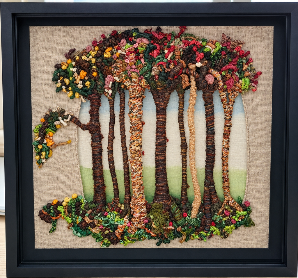 Image of pulled thread work trees - tree trunks are various shades of brown, beige and orange, canopy has flowers and leaves, roots are mossy
